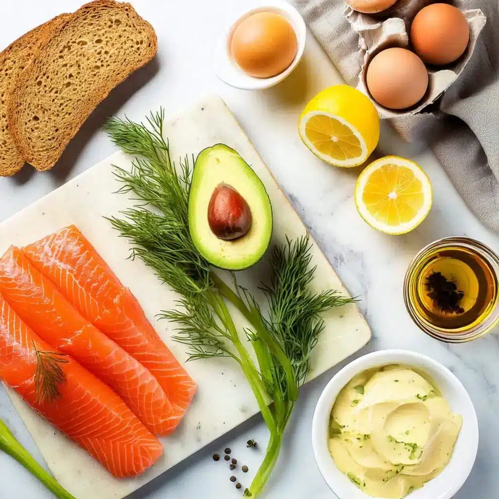 smoked salmon and avocado eggs royale 2 firefly top down view of fresh ingredients arranged on a white marble surface in a rustic modern ki