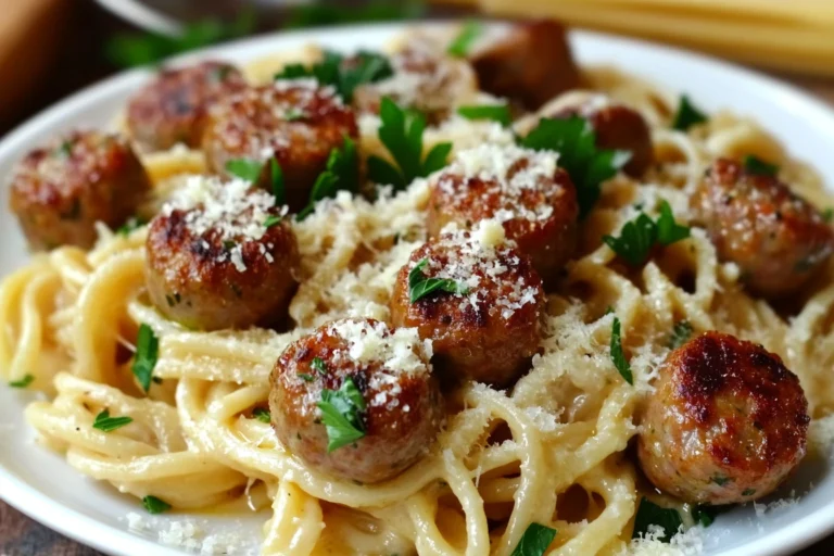 garlic butter sausage bites with creamy parmesan pasta