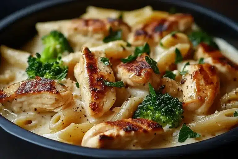 tuscan chicken alfredo with penne and broccoli